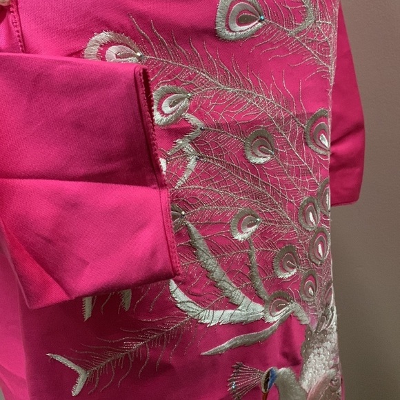 Oriental Mulberry Silk Pink Peacock Embroidered Jacket w Pearl Buttons size S - Picture 6 of 16
